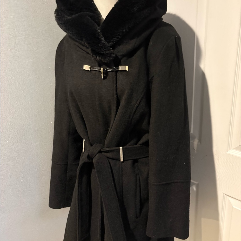 Calvin Klein Black Hooded Faux fur hood Toggle closure Coat S/XL